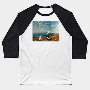 Natural environment diorama - birds flying on the shore of a pond Baseball T-Shirt